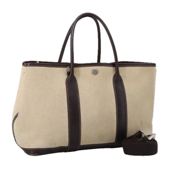 HERMES Garden Party Hand Bag Canvas Leather Brown Beige Auth 35865 - Picture 1 of 15